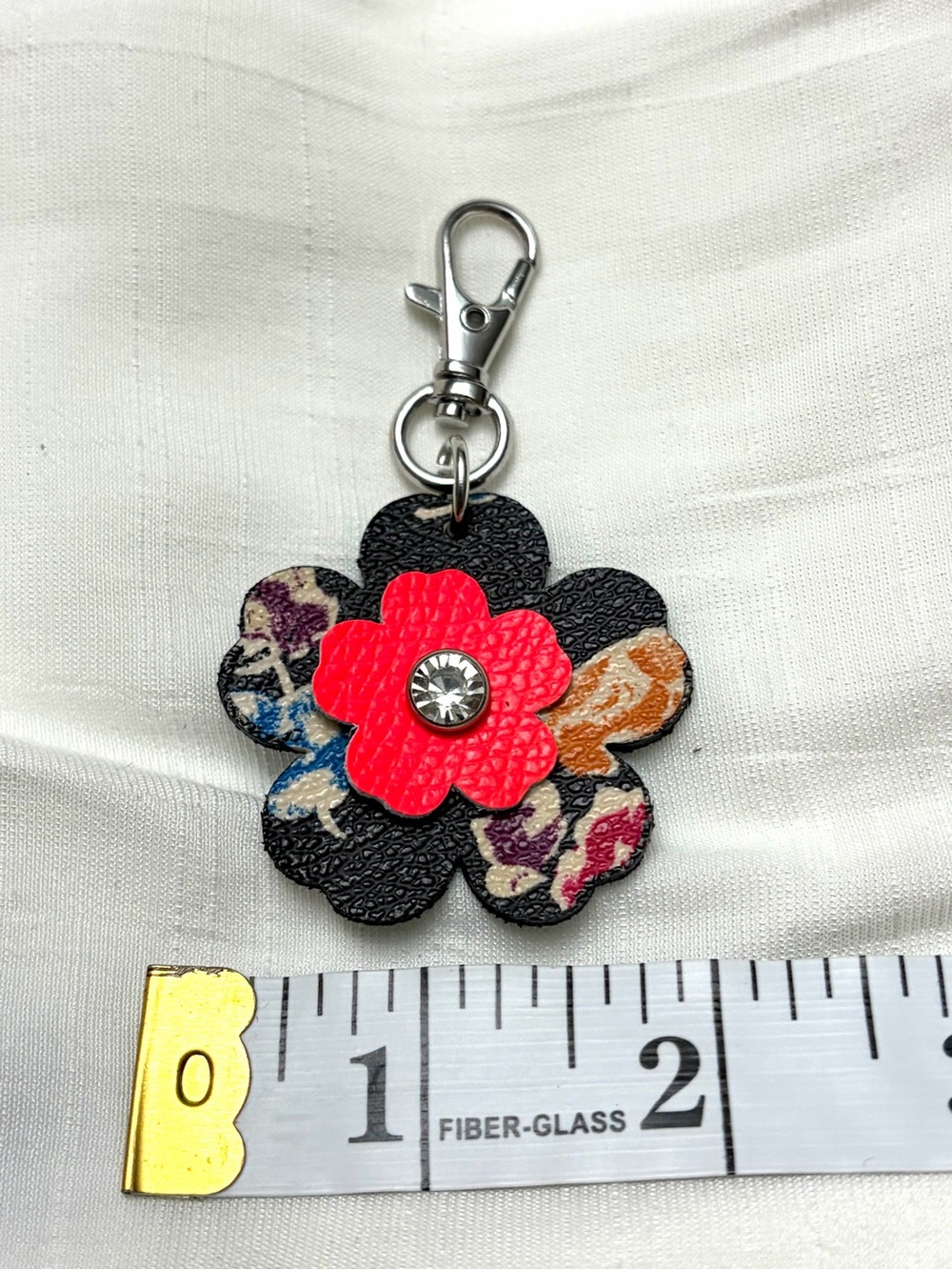Upcycled COACH Floral Leatherette Keychain Charm in Black and Pink - Picture 4 of 5
